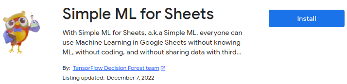 Screenshot of installing the Simple ML for Sheets addon