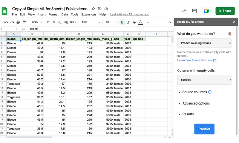 Screenshot of opening the Simple ML for Sheets extension in yourspreadsheet